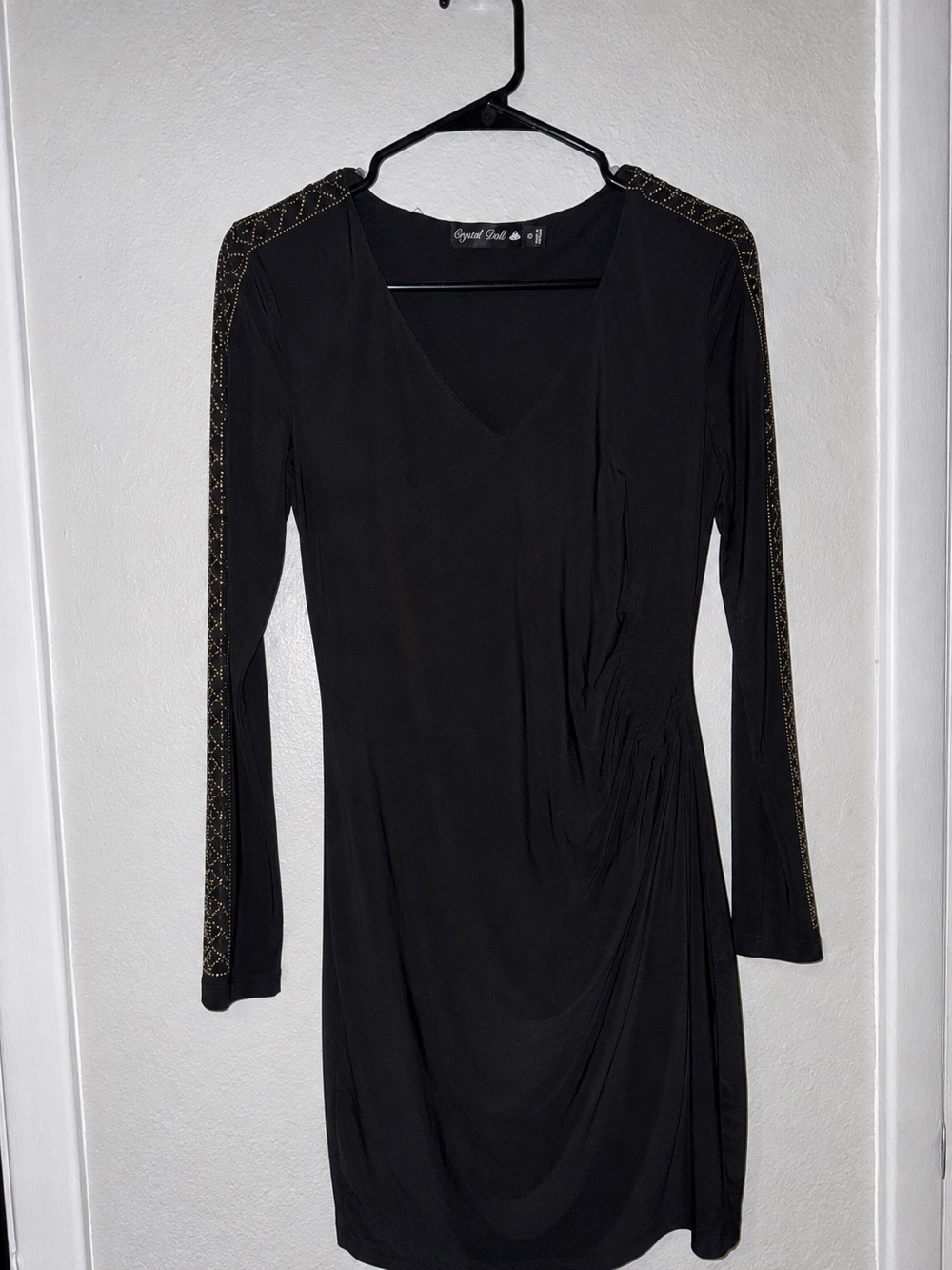Crystal Doll Black Long Sleeve V-Neck Dress with Gold Trim